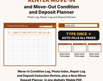 Renter Move-In and Move-Out Condition and Deposit Planner, Apartment Move Out Checklist, Security Deposit Tracker, Rental Condition Report