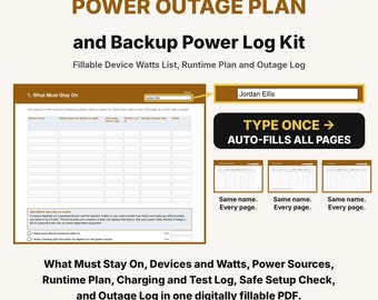 Power Outage Plan and Backup Power Log Kit, Fillable PDF Checklist, Device Watts List, Power Station Runtime and Outage Log