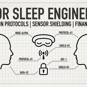 May include: A diagram with the text "SENIOR SLEEP ENGINEERING" and related terms. It features outlines of two human profiles, a sleep mask, a lock, and a Wi-Fi symbol, with connecting lines and labels like "PROTOCOL-A1" and "SHIELD-B1".