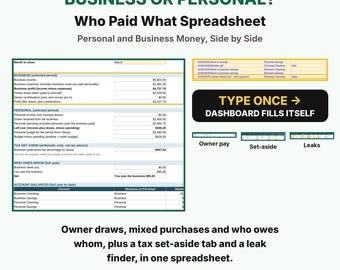 Business or Personal? Who Paid What Spreadsheet, Small Business Finance, Self Employed Owner Pay, Tax Set Aside, Google Sheets