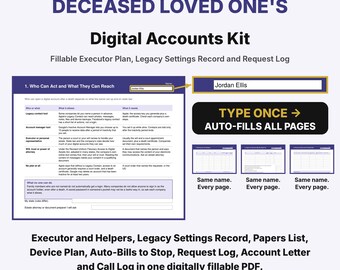 How to Access Deceased Accounts, Fillable PDF Organizer, Deceased Loved One's Digital Accounts Kit, Accounts After Death, Executor Checklist