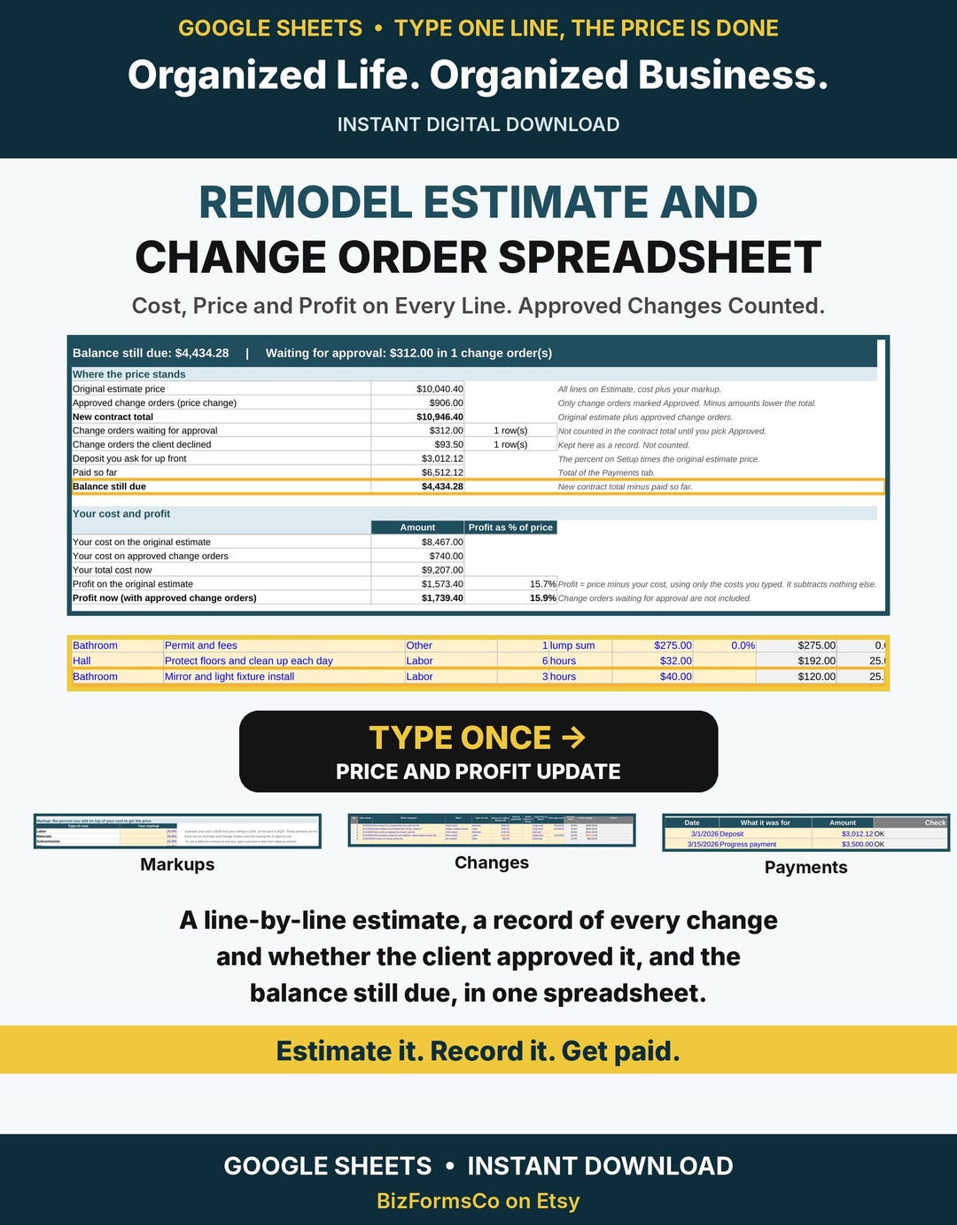 Remodel estimate and change order