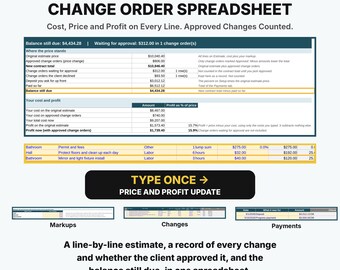 Remodel Estimate and Change Order Spreadsheet, Google Sheets Contractor Estimate Template, Change Order Log, Job Cost and Profit Tracker