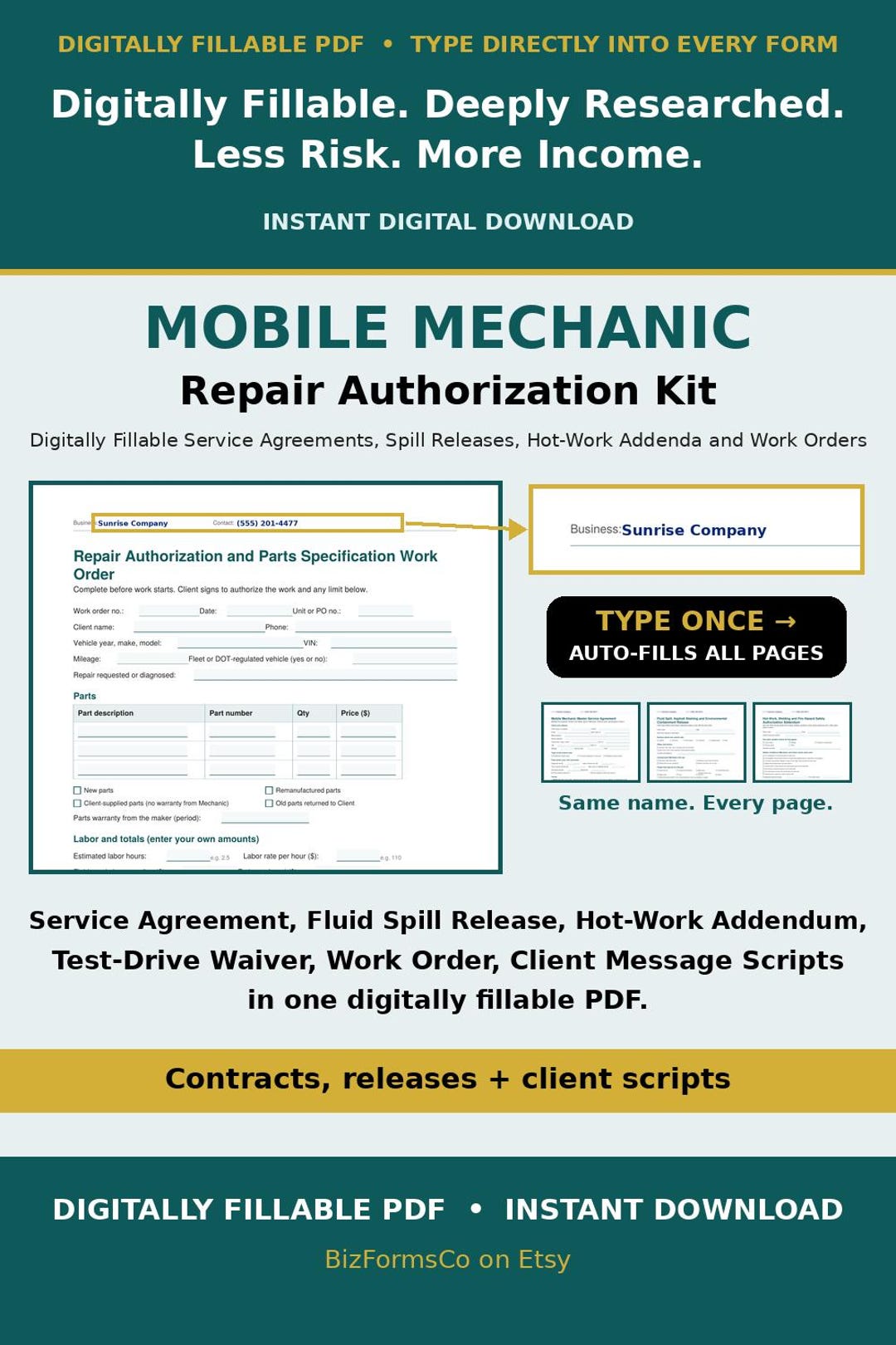 Mobile mechanic contract kit