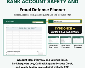 Bank Account Planner, Bank Account Safety and Fraud Defense Planner Fillable PDF, Bank Fraud Tracker, Scam Call Log, Account Tracker
