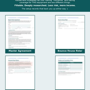 May include: A digital document set featuring a Master Agreement, Bounce House Rider, Guest Waiver, and Weather Policy. The text includes warnings about bounce house liability, insurance coverage, and risk management for rental business owners.