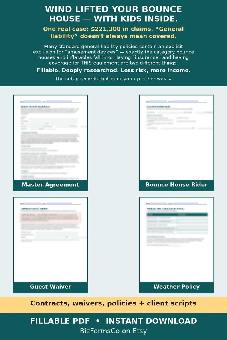 May include: A digital document set featuring a Master Agreement, Bounce House Rider, Guest Waiver, and Weather Policy. The text includes warnings about bounce house liability, insurance coverage, and risk management for rental business owners.