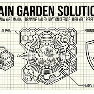 May include: A black and white diagram labelled "Rain Garden Solution", detailing native landscapes, drainage, and perpetual food forests. The diagram features sections such as "Drainage-Node-Alpha" and "Foundation-Defense-Shield", illustrating a complex system.