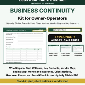 Business Continuity, Owner-Operator Business Continuity Kit Fillable PDF, Small Business Emergency Plan, Succession Plan
