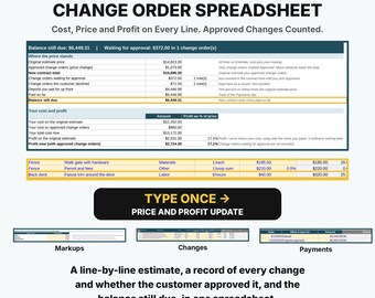 Deck and Fence Estimate and Change Order Spreadsheet, Google Sheets Contractor Estimate Template, Change Order Log, Job Cost Tracker