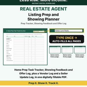 Real Estate Agent Listing Prep and Showing Planner, Fillable PDF Forms, Listing Checklist, Open House Planner, Showing Feedback Log