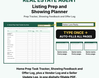 Real Estate Agent Listing Prep and Showing Planner, Fillable PDF Forms, Listing Checklist, Open House Planner, Showing Feedback Log