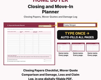 Home Buyer Closing and Move-In Planner, Fillable PDF Moving Checklist, Mover Quote Comparison, Closing Papers, Utilities Checklist