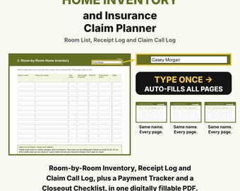 Home Inventory and Insurance Claim Planner, Fillable PDF, Household Belongings List, Receipts Log, Fire Flood Theft Damage Claim Records
