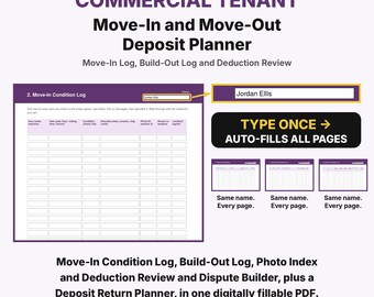 Commercial Tenant Move-In and Move-Out Deposit Planner, Commercial Lease Move Out Checklist, Security Deposit Tracker, Build Out Log