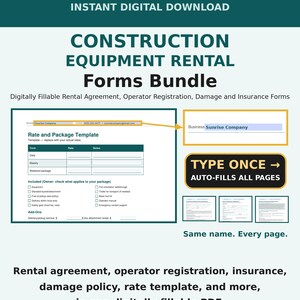 Construction Equipment Rental Agreement Fillable PDF, Operator Registration, Damage Waiver, Insurance Requirements Bundle