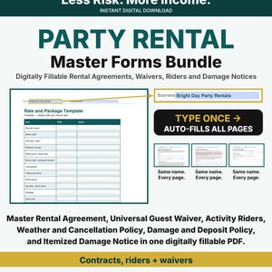 Protect Your Party Rental Business - Party Rental Contract Bundle FILLABLE PDF, Bounce House Waiver, Equipment Riders, Insurance Letter image 1