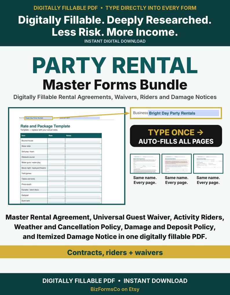 Protect Your Party Rental Business - Party Rental Contract Bundle FILLABLE PDF, Bounce House Waiver, Equipment Riders, Insurance Letter image 1