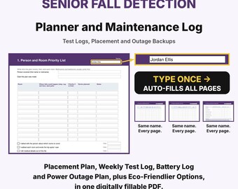 Senior Fall Detection Planner and Maintenance Log, Fall Alarm Test Log, Aging in Place Checklist, Caregiver Fillable PDF, Senior Safety Log