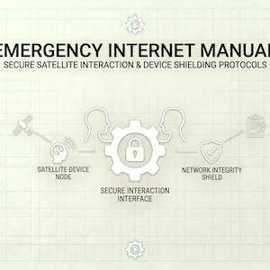 Può includere: Grafico informativo intitolato "Manuale Internet di emergenza" con il sottotitolo "Interazione satellitare sicura e protocolli di protezione dei dispositivi". L'immagine include icone che rappresentano la comunicazione satellitare e la sicurezza della rete.