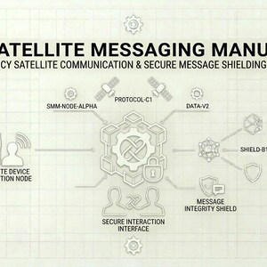 May include: Diagram of a satellite messaging manual with the title "Satellite Messaging Manual" and the subtitle "Emergency Satellite Communication & Secure Message Shielding Protocols". The diagram includes icons and text.