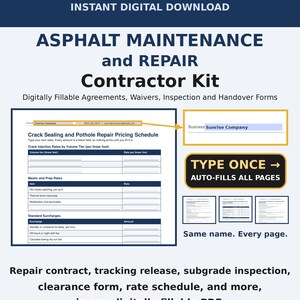 Asphalt Repair Contract, Crack Sealing Forms Bundle, Pothole Proposal, Curing Release, Subgrade Waiver, Digitally Fillable PDF