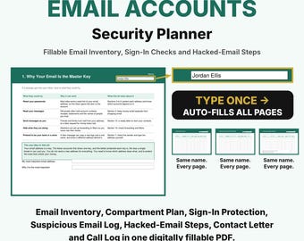 How to Recover a Hacked Email Account, Fillable PDF Organizer, Email Accounts Security Planner, Phishing Email Log, Account Recovery Record