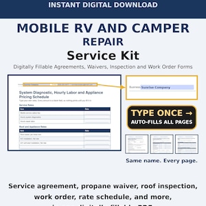 Könnte beinhalten: Ein digitales Service-Kit für die Reparatur von Wohnmobilen und Campern mit ausfüllbaren PDF-Formularen, Serviceverträgen, Haftungsausschlüssen und Arbeitsaufträgen, inklusive Preislisten und automatischer Ausfüllfunktion.