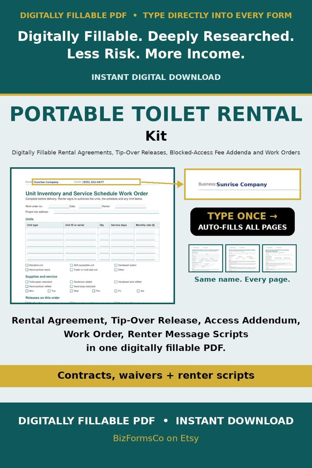 Portable toilet rental contract kit