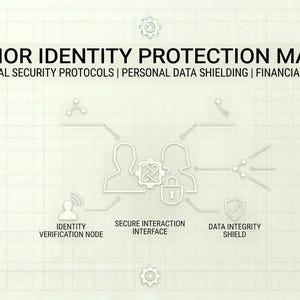 以下が含まれることがあります： 「SENIOR IDENTITY PROTECTION MANUAL」というタイトルと「DIGITAL SECURITY PROTOCOLS | PERSONAL DATA SHIELDING | FINANCIAL DEFENSE」というサブタイトルが付いた、明るいベージュ色のグラフィック。画像には、「IDENTITY VERIFICATION NODE」、「SECURE INTERACTION INTERFACE」、および「DATA INTEGRITY SHIELD」というアイコンとテキストが含まれています。