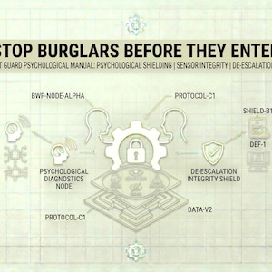Könnte beinhalten: Infografik mit dem Text „STOP BURGLARS BEFORE THEY ENTER“ und verwandten Begriffen. Das Bild zeigt Diagramme und Symbole, darunter ein Schloss, ein Schild und Netzwerkknoten, auf hellem Hintergrund. Der Text enthält „PSYCHOLOGICAL MANUAL“ und „DE-ESCALATION DEFENSE“.