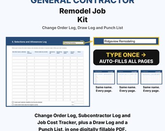 General Contractor Remodel Job Kit, Remodel Job Forms, Change Order Log, Punch List, Fillable PDF, Subcontractor Log, Job Cost Tracker