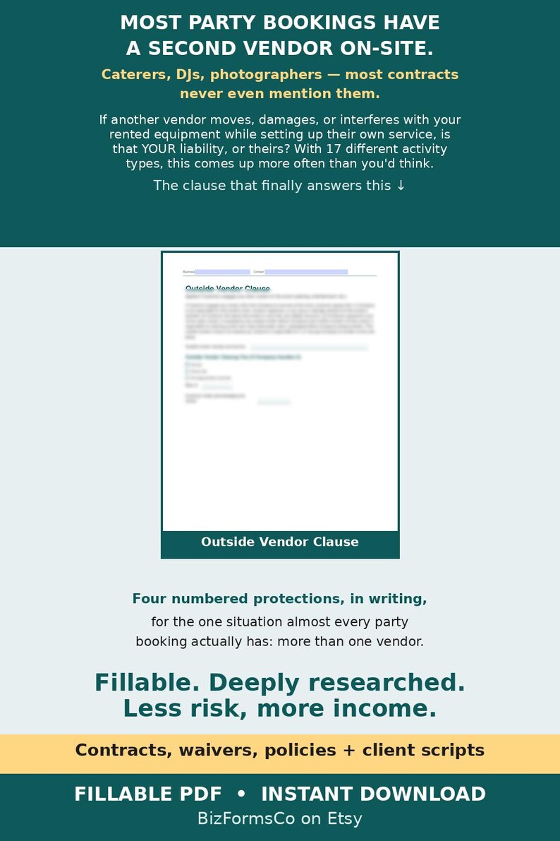 May include: A digital document template titled Outside Vendor Clause, presented on a dark teal background with white text. The text explains protections for party bookings involving multiple vendors, including contracts, waivers, and client scripts.