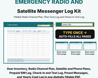 Emergency Radio and Satellite Messenger Log Kit, Fillable PDF Checklist, Family Radio Channel Plan, Prepaid SIM and Test Log
