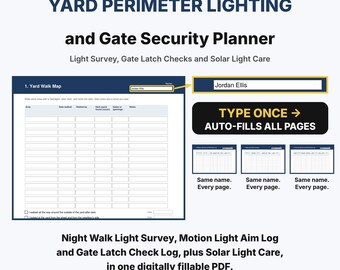 Yard Perimeter Lighting and Gate Security Planner, Yard Security Fillable PDF, Motion Light Log, Gate Latch Checklist, Night Light Survey