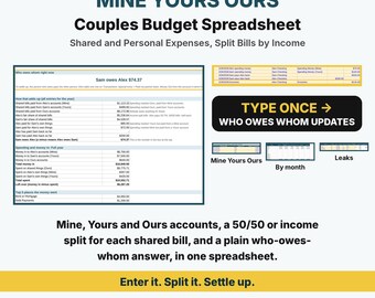 Mine Yours Ours Couples Budget Spreadsheet, Shared and Personal Expenses, Split Bills 50/50 or by Income, Who Owes Whom, Google Sheets