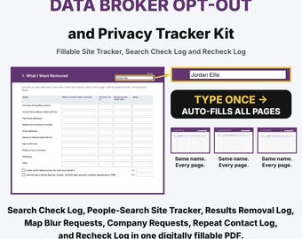 Data Broker Opt-Out and Privacy Tracker Kit, Fillable PDF Checklist, People Search Site Removal Log, Search Results Removal, Spam Call Log