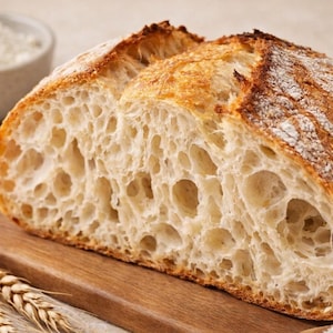 Op de afbeelding: Een versgebakken brood, doorgesneden om het poreuze interieur te laten zien. De korst is goudbruin en het brood ligt op een houten snijplank. Een kom met bloem en tarwearen staan op de achtergrond.