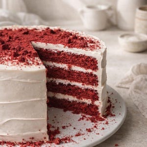 Peut inclure: Un gâteau red velvet à plusieurs étages avec un glaçage blanc au fromage frais. Le gâteau présente quatre couches distinctes de génoise rouge foncé séparées par un glaçage blanc épais, saupoudré de miettes de gâteau rouge sur le dessus.