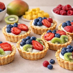 Könnte beinhalten: Frucht-Törtchen mit cremiger Füllung, belegt mit frischen Blaubeeren, Erdbeerscheiben und Kiwi. Schalen mit Blaubeeren und Himbeeren sowie eine Mango und Mangostücke sind ebenfalls zu sehen.