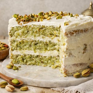 Puede incluir: Un pastel de pistacho de varias capas con glaseado blanco y pistachos picados encima. El pastel verde y blanco se presenta en una fuente de mármol, con pistachos y una cuchara de madera cerca.