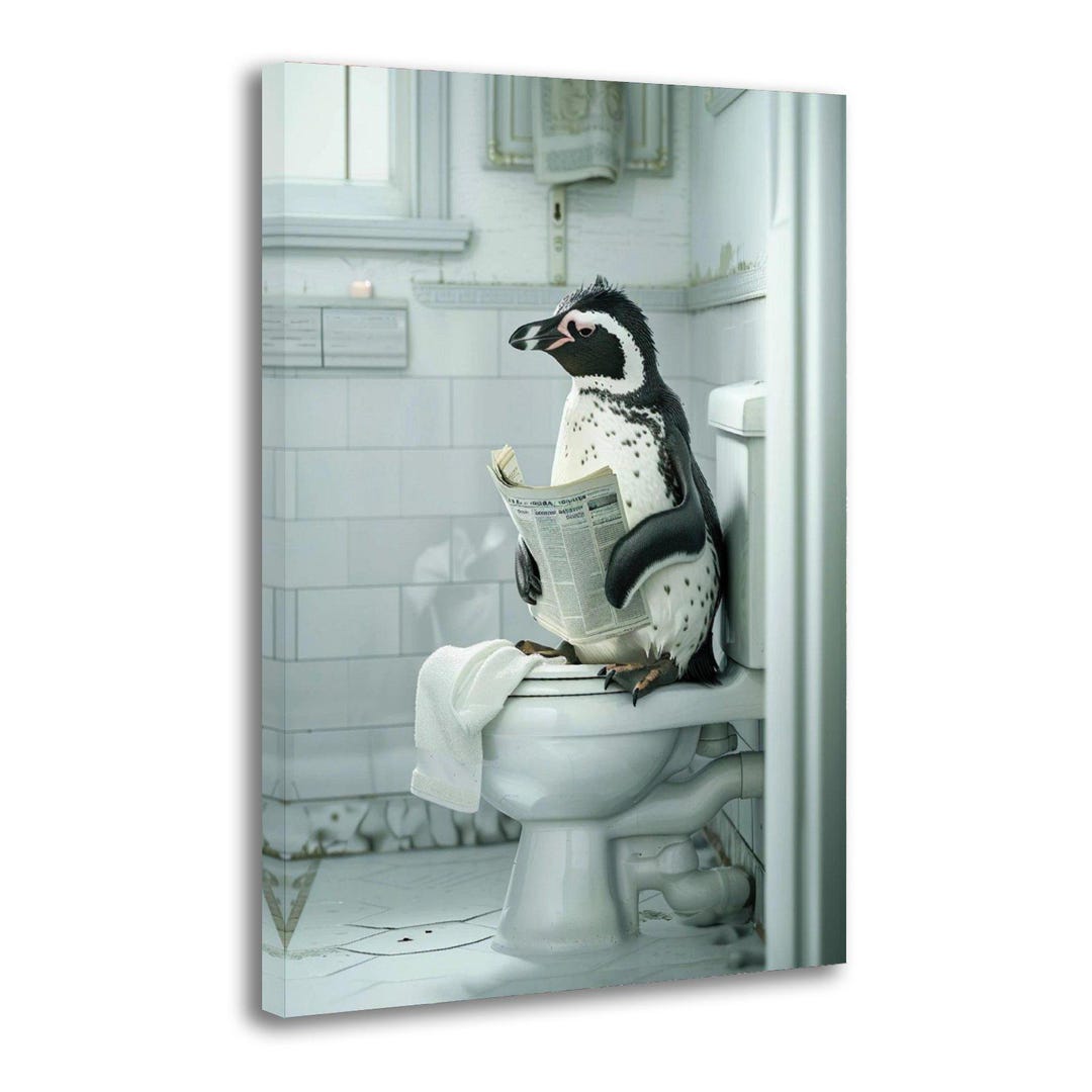 Playful Penguin Sitting on Toilet – Funny Bathroom Painting on Canvas ...