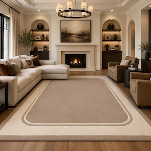 Taupe Ivory Border Rug, Rounded Corner Frame Rug, Solid Mocha Rectangular Rug, Hand Tufted Modern Area Rug