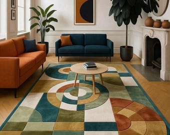 Hand Tufted Geometric Area Rug, Mid Century Modern Rug, Abstract Circle Rug, Modern Living Room Carpet, Scandinavian Contemporary Wool Rug,