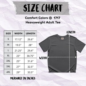 Comfort Colors 1717 size chart for heavyweight adult tee, measured in inches.