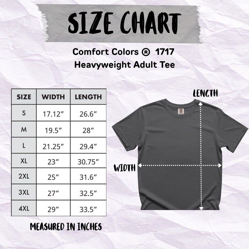 Comfort Colors 1717 size chart for heavyweight adult tee, measured in inches.