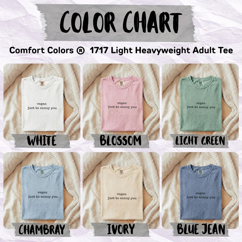Comfort Colors 1717 adult tee color chart with six shirt options.