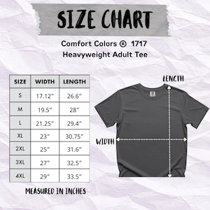 Comfort Colors 1717 Heavyweight Adult Tee size chart with measurements in inches.