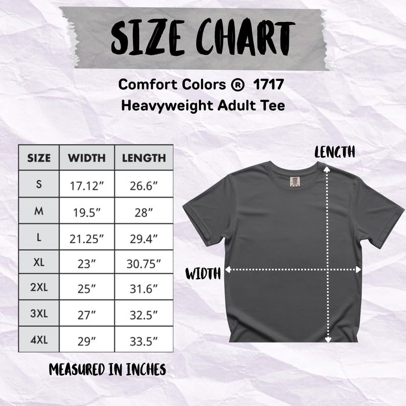 Comfort Colors 1717 Heavyweight Adult Tee size chart with measurements in inches.