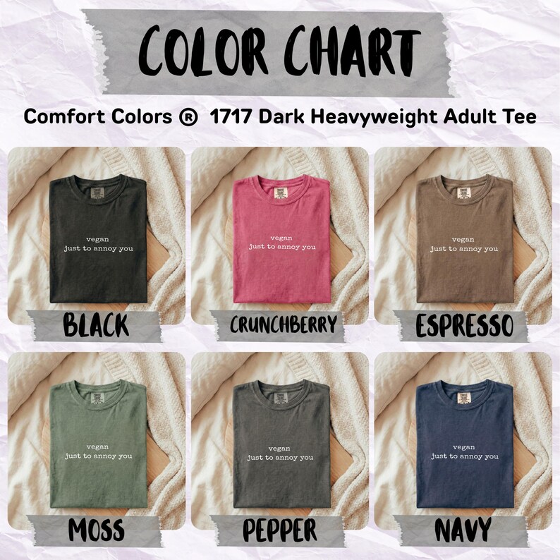 Color chart showing six Comfort Colors 1717 t-shirt colors.